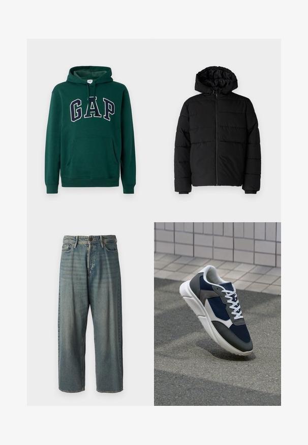 Juodas pūkinis švarkas su užtrauktuku priekyje, gaubtu ir horizontaliai siuvinėtu dizainu. Pagamintas iš lygaus, tvirto audinio su raukiniais ant rankovių.; Žalias džemperis su gobtuvu, pagamintas iš medvilnės mišinio, su kengūros kišene, užtrauktuku reguliuojamu gobtuvu ir dideliu "GAP" logotipu balta ir tamsiai mėlyna spalvomis.; Šviesiai mėlyni džinsai su laisvu siluetu, vidutinio aukščio juosmeniu ir tiesiomis kojomis. Su penkiais kišenėmis, diržo kilpo ir mygtukų uždarymu.; Sportiniai bateliai su tamsiai mėlynu tinkliniu viršumi, pilkais zomšiniais akcentais, balta guma padanga ir plokščiomis baltomis raištelėmis, sukurti komfortui ir oro pralaidumui.
