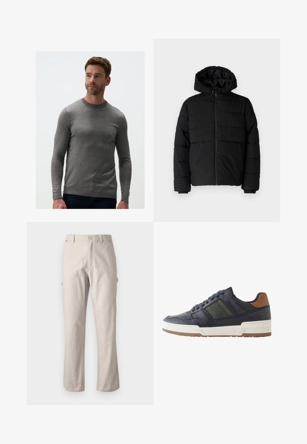 Schwarze Daunenjacke mit Reißverschluss vorne, Kapuze und horizontalem Steppmuster. Hergestellt aus einem glatten, strapazierfähigen Stoff mit gerippten Manschetten.; Grauer Strickpullover mit langen Ärmeln, Rundhalsausschnitt und gerippten Bündchen. Der Stoff hat eine glatte Textur, eine körpernahe Passform und ein dezentes Muster.; Beige Cargo-Hosen aus robuster Baumwolle mit geraden Beinen, vorderem Knopfverschluss und Seitentaschen für praktische Nutzung. Glatte Textur mit feinen Nähten.; Marineblaue Ledersneaker mit grünem Akzentstreifen, weißer Zwischensohle und braunem Fersenpatch. Verfügt über eine abgerundete Zehenpartie und eine strukturierte Gummisohle.