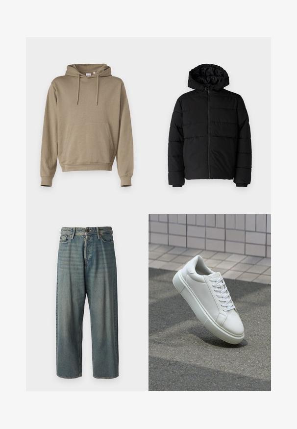 Černá péřová bunda s předním zipem, kapucí a vodorovným prošíváním. Vyrobena z hladké a odolné látky s žebrovanými manžetami.; Mikina s kapucí v světle hnědé látce, se širšími rukávy, přední klokaní kapsou a volným střihem.; Světle modré denimové džíny s volným střihem, středně vysokým pasem a rovnými nohavicemi. Obsahují pět kapes, poutka na opasek a zapínání na knoflík.; Bílé kožené tenisky s hladkým povrchem, kulatou špičkou a plochými bílými tkaničkami. Disponují texturovanou gumovou podrážkou a minimálními designovými prvky.
