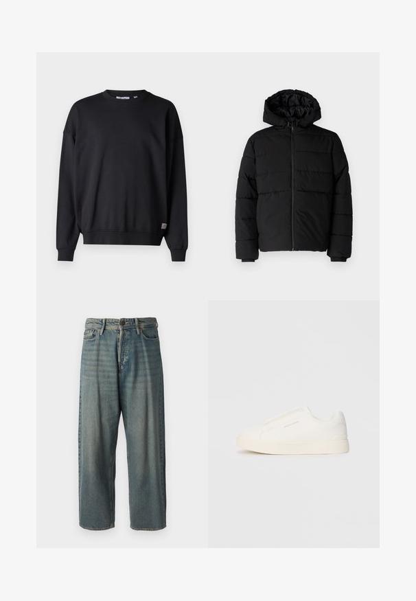 Fekete puff dzseki cipzárral elöl, kapucnival és vízszintes steppelt mintázattal. Simább, tartós anyagból készült, bordázott mandzsettákkal.; Fekete pulóver hosszú ujjakkal, kerek nyakkivágással, bordázott mandzsettával és szegéllyel. Puha anyagból készült, alján kis logót tartalmaz.; Világoskék farmernadrág, laza fazonnal, közepes derékbőséggel és egyenes szárral. Öt zsebet, övbucskát és gombos záródást tartalmaz.; Fehér slip-on sportcipők texturált felülettel, vastag talppal és minimalista dizájnnal. Az oldalon a márka logója található.