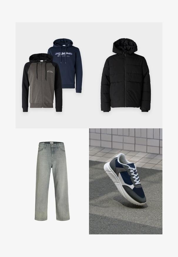 Sort pufferjakke med lynlås foran, hætte og vandret quiltet design. Lavet af et glat og holdbart stof med ribbede manchetter.; Jack & Jones JJRICKY JJALVIS MIX 2 PACK - Hættetrøje - black/navy; Lysegrå, løstsiddende jeans lavet af denim. Har et klassisk fem-lomme design, bæltestropper og en lige ben silhuet.; Sneakers med en overdel i marineblå mesh, grå suedeteksturer, hvid gummisål og flade hvide snørebånd, designet til komfort og åndbarhed.