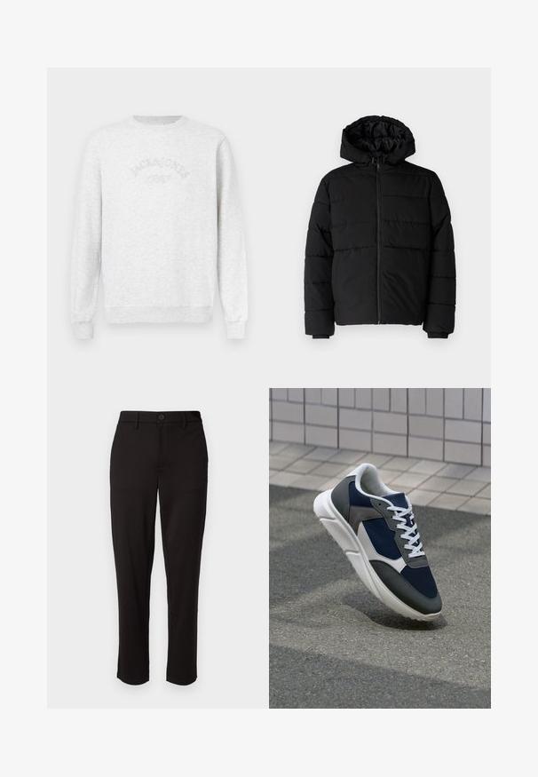 Casaco puffer preto com fecho de correr, capuz e design acolchoado horizontal. Feito de um tecido liso e durável com punhos canelados.; Sweatshirt cinza feito de tecido macio. Apresenta punhos e barra canelados, com o logótipo "JACK & JONES" bordado em design curvo no peito.; Calças pretas feitas de tecido leve, com perna reta, fecho frontal com botão, passadores de cinto e bolsos laterais.; Sapatilha com parte superior em malha azul-marinho, detalhes em camurça cinza, sola de borracha branca e atacadores brancos planos, projetada para conforto e respirabilidade.