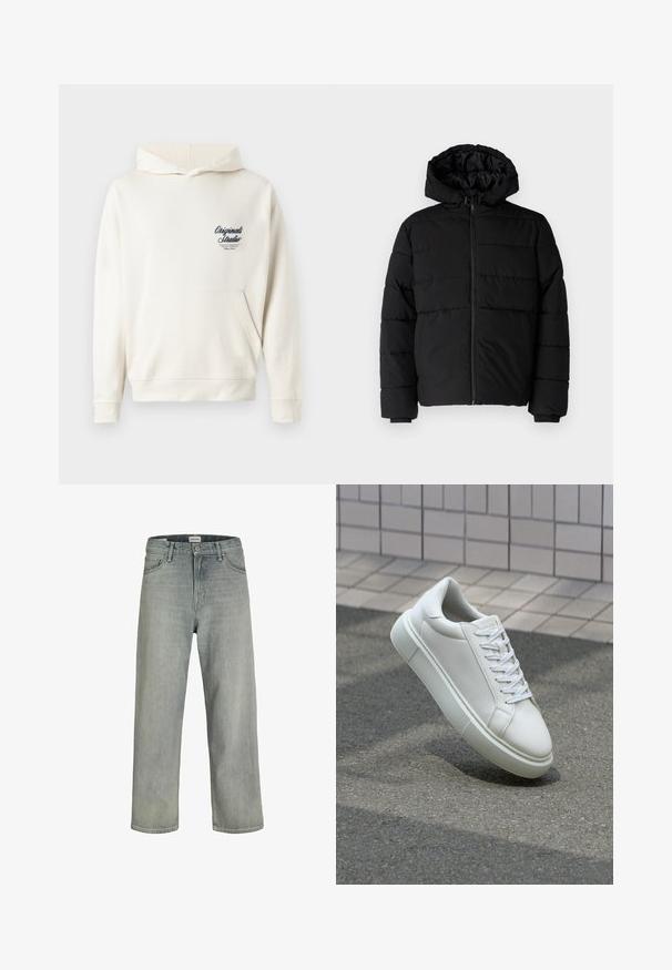 Casaco puffer preto com fecho de correr, capuz e design acolchoado horizontal. Feito de um tecido liso e durável com punhos canelados.; Sweatshirt de cor creme, feito de um tecido macio, com um bolso frontal, punhos com nervuras e um pequeno logótipo bordado no peito.; Jeans soltos de cor cinza claro feitos de denim. Apresentam um design clássico de cinco bolsos, passadores para cinto e uma silhueta de perna reta.; Tênis de couro branco com superfície lisa, bico redondo e cadarços brancos planos. Apresenta uma sola de borracha texturizada e elementos de design minimalistas.