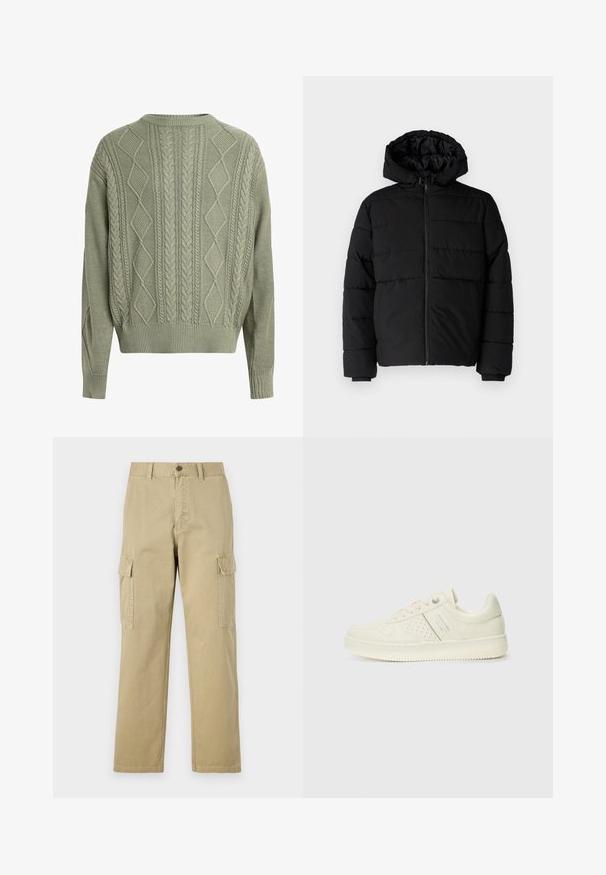 Svart puffjacka med dragkedja fram, huva och horisontellt quiltat mönster. Tillverkad av ett slätt, hållbart tyg med ribbade ärmslut.; Grön kabelstickad tröja med diamant- och flätmönster, rund halsringning samt ribbade ärmslut och nederkant, tillverkad av ett strukturerat stickat material.; Beige cargobyxor i bomull, med två sidofickor, knappstängning och raka ben i ett något texturerat tyg.; Krämfärgad sneaker med perforerade detaljer, snören och logotyp på sidan, visad mot en enkel vit bakgrund.