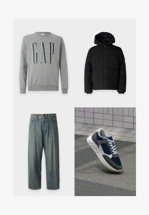 Casaco puffer preto com fecho de correr, capuz e design acolchoado horizontal. Feito de um tecido liso e durável com punhos canelados.; Sweatshirt cinza com colarinho arredondado, punhos e barra canelados, com a palavra "GAP" em letras grandes de cor preta na frente. Textura de tecido suave.; Jeans de ganga azul claro com um corte solto, cintura média e pernas retas. Apresenta cinco bolsos, passadores de cinto e fecho com botão.; Sapatilha com parte superior em malha azul-marinho, detalhes em camurça cinza, sola de borracha branca e atacadores brancos planos, projetada para conforto e respirabilidade.