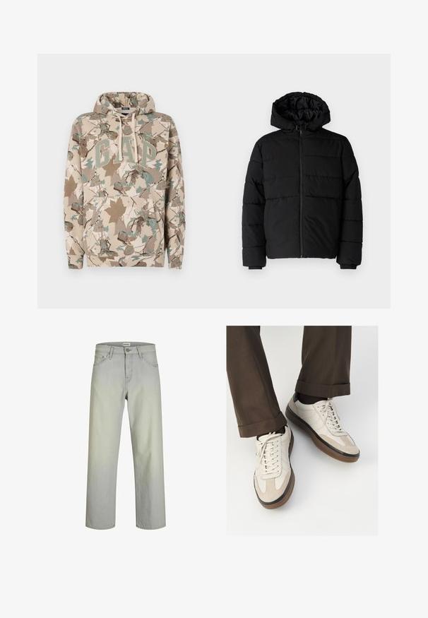 Schwarze Daunenjacke mit Reißverschluss vorne, Kapuze und horizontalem Steppmuster. Hergestellt aus einem glatten, strapazierfähigen Stoff mit gerippten Manschetten.; Beige Kapuzenpullover mit einem Camouflage-Blattmuster, versehen mit einem großen "GAP"-Logo in Grün und einer Fronttasche. Hergestellt aus weichem, strukturiertem Stoff.; Hellgraue, gerade geschnittene Jeans mit einem klassischen Fünf-Taschen-Design, Knopfverschluss und Gürtelschlaufen. Hergestellt aus Denim-Stoff mit glatter Textur.; Beige Sneakers mit einer strukturierten Wildlederfront, glatten Lederseiten und einer braunen Gummisohle. Bändel und helle Nähdetails sind enthalten.