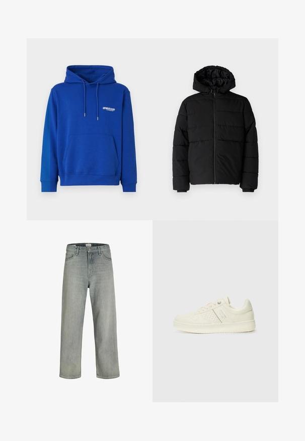 Black puffer jacket featuring a zip front, a hood, and horizontal quilted design. Made of a smooth, durable fabric with ribbed cuffs.; Blue hooded sweatshirt with a kangaroo pocket, drawstring hood, and ribbed cuffs. Features a small white logo on the chest. Soft texture.; Light gray, loose-fitting jeans made of denim. Features a classic five-pocket design, belt loops, and a straight leg silhouette.; Cream-colored sneaker with perforated detailing, laces, and logo on the side, displayed against a plain white background.