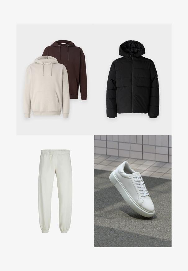 Czarna kurtka puchowa z zamkiem z przodu, kapturem i poziomym pikowaniem. Wykonana z gładkiego, trwałego materiału z prążkowanymi mankietami.; Dwie bluzy z kapturem: jedna beżowa, a druga ciemnobrązowa. Obie mają kieszeń typu kangur, regulowane sznurki oraz ściągacze przy mankietach.; Białe dresy wykonane z miękkiego materiału, z elastycznym pasem i mankietami, o gładkiej fakturze i luźnym kroju.; Białe skórzane trampki z gładką powierzchnią, okrągłym noskiem i płaskimi białymi sznurowadłami. Posiadają teksturowaną gumową podeszwę oraz minimalistyczne elementy projektowe.
