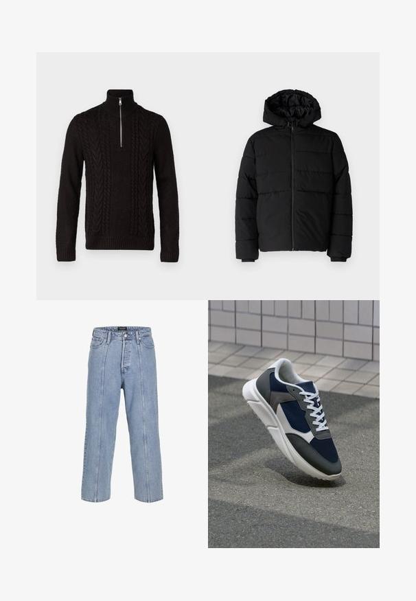 Svart puffjacka med dragkedja fram, huva och horisontellt quiltat mönster. Tillverkad av ett slätt, hållbart tyg med ribbade ärmslut.; Svart stickad tröja med hög krage och halvdragkedja. Har strukturerade flätade mönster och ribbade mudd och fåll.; Ljusblå denimjeans med lös passform, vida ben och synliga sömnadsdetaljer. Funktioner en knapp- och dragkedjestängning samt fem fickor.; Sko med överdel i marinblå mesh, grå mockadetaljer, vit gummisula och platta vita snören, designad för komfort och andningsförmåga.