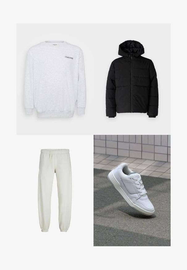 Svart puffjacka med dragkedja fram, huva och horisontellt quiltat mönster. Tillverkad av ett slätt, hållbart tyg med ribbade ärmslut.; Ljusgrå sweatshirt i fleece. Den har rundad halsringning, långa ärmar och "Club1990" tryckt i svart på framsidan.; Vita sweatpants gjorda av mjukt tyg, med elastisk midja och muddar, samt en slät textur och lös passform.; Vit lädersneaker med perforerade sidor, texturerade accenter, plana snören och en kontrasterande grå häl. Har en något upphöjd sula.