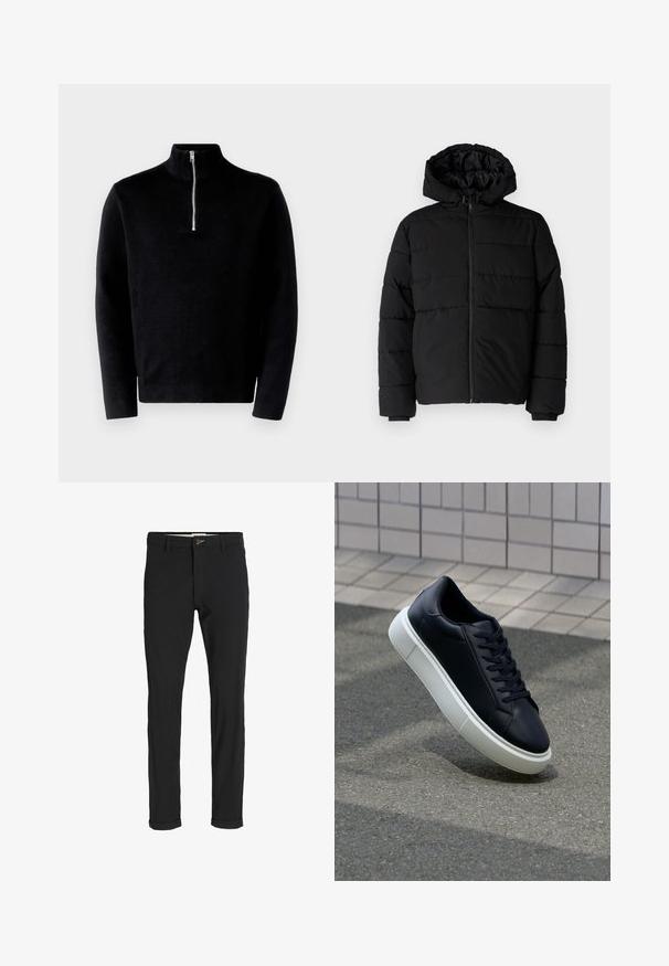 Juodas pūkinis švarkas su užtrauktuku priekyje, gaubtu ir horizontaliai siuvinėtu dizainu. Pagamintas iš lygaus, tvirto audinio su raukiniais ant rankovių.; Juodas megztinis su aukštu apykakle ir puse užtrauktuko. Pagamintas iš rūbų audinio, turi ilgas rankoves ir lygų paviršių.; Juodi medvilnės mišiniai kelnės su siauru siluetu, su mygtuko uždarymu, kišenėmis ir sukamučiais galais, suteikiančiais laisvalaikio stilių.; Juodas odinis sportbačius su apvaliu pirštu ir baltu gumuotu padu. Turi plokščias raišteles ir minimalų siuvimą viršuje. Padangos tekstūra užtikrina sukibimą.