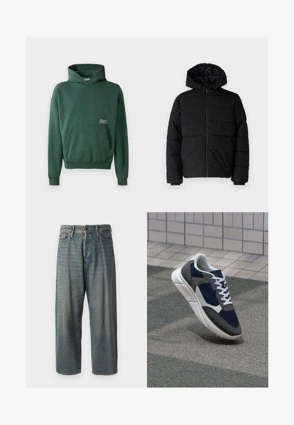 Black puffer jacket featuring a zip front, a hood, and horizontal quilted design. Made of a smooth, durable fabric with ribbed cuffs.; Green hooded sweatshirt made of soft fabric featuring a front kangaroo pocket and an embroidered 2013 detail on the chest.; Light blue denim jeans with a loose fit, mid-rise waist, and straight legs. Features five pockets, belt loops, and a button closure.; Sneaker featuring a navy blue mesh upper, gray suede accents, white rubber sole, and flat white laces, designed for comfort and breathability.