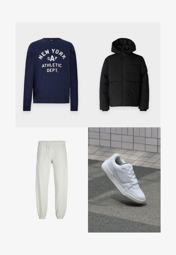 Fekete puff dzseki cipzárral elöl, kapucnival és vízszintes steppelt mintázattal. Simább, tartós anyagból készült, bordázott mandzsettákkal.; Tengerészkék, pamut keverékből készült pulóver, kerek nyakkivágással, hosszú ujjakkal, és fehér nyomtatott szöveggel: "NEW YORK GAP ATHLETIC DEPT."; Fehér melegítőnadrág, puha anyagból készült, rugalmas derékrésszel és mandzsettával, sima tapintású és laza szabású.; Fehér bőr sneaker perforált oldalakkal, texturált részletekkel, lapos fűzőkkel és kontrasztos szürke sarokkal. Enyhén megemelt talppal rendelkezik.