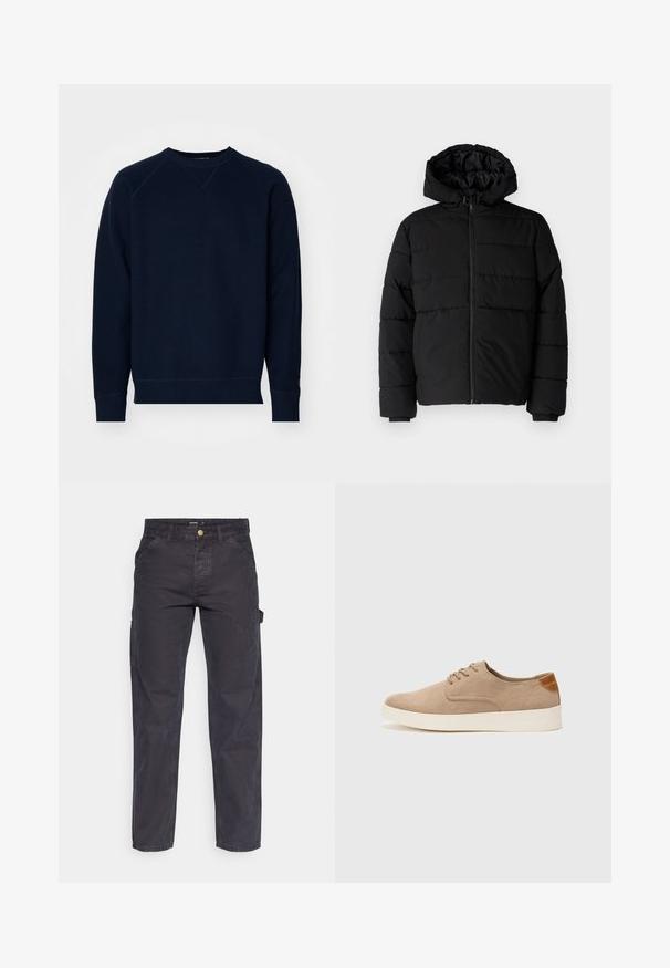 Schwarze Daunenjacke mit Reißverschluss vorne, Kapuze und horizontalem Steppmuster. Hergestellt aus einem glatten, strapazierfähigen Stoff mit gerippten Manschetten.; Marineblaue Sweatshirt mit strukturiertem Stoff, Rundhalsausschnitt und Raglanärmeln. Mit gerippten Bündchen und Saum. Minimale Markenkennzeichnung am Ärmel.; Dunkelgraue Cargo-Hosen aus strapazierfähigem Stoff, mit geradem Bein, fünf Taschen und einem Knopfverschluss an der Taille.; Beige Wildleder-Sneaker mit runder Zehenpartie, Schnürung und strukturiertem Rückenteil. Die weiße Gummisohle sorgt für einen Kontrast. Einfaches und modernes Design.