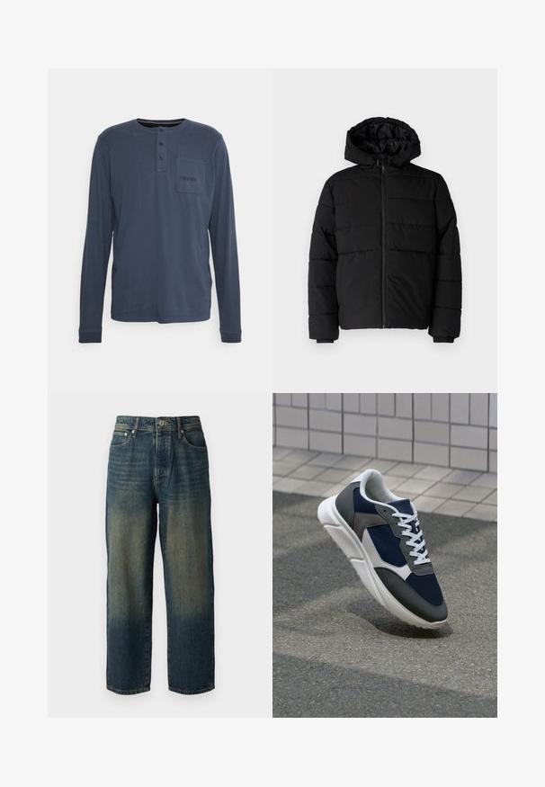 Casaco puffer preto com fecho de correr, capuz e design acolchoado horizontal. Feito de um tecido liso e durável com punhos canelados.; Petrol Industries Camisola de manga comprida - raven grey; Calças de ganga azul com corte reto, apresentando um design desbotado com tons mais claros em direção à bainha, cinco bolsos e fecho com botão.; Sapatilha com parte superior em malha azul-marinho, detalhes em camurça cinza, sola de borracha branca e atacadores brancos planos, projetada para conforto e respirabilidade.