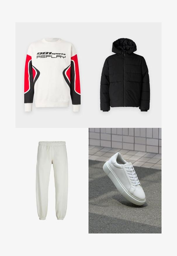 Must värvi puffernahk, millel on seljaed, kapuuts ja horisontaalne õmblusdisain. Valmistatud sujuvast, vastupidavast kangast ja ribakujuliste varrukaotste jaok.; Valge kapuutsiga dressipluus mustade ja punaste kaarjate varrukapaneelidega, millel on rinna peal mustade tähtedega tekst "981 sports REPLAY".; Valged trennipüksid, mis on valmistatud pehmest kangast, elastse vöökoha ja mansettidega, sileda tekstuuri ja lõdva lõikega.; Valge nahkline sneka, millel on sile pind, ümar varvas ja lame valge pael. Omab tekstuuriga kummist talla ja minimaalset kujunduselementi.