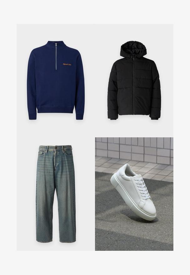 Črna puhovka z zadrgo spredaj, kapuco in vodoravno šivano obliko. Narejena je iz gladkega, trpežnega materiala z rebrastimi manšetami.; Temno modra pulover majica z ovratnikom na četrt zadrgo in vezenim napisom "Originals Studio" v oranžni barvi na prsih.; Svetlomoderne kavbojke z ohlapnim krojem, srednjim pasom in ravnimi nogami. Imajo pet žepov, zanke za pas in zapiranje na gumb.; Bela usnjena teniska obutev z gladko površino, okroglo konico in ravnimi belimi vezalkami. Ima teksturiran gumijast podplat in minimalne oblikovalske elemente.