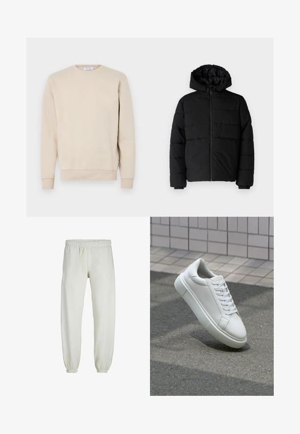 Crni puffer kaput s patentnim zatvaračem sprijeda, kapuljačom i horizontalnim šavovima. Izrađen od glatkog, izdržljivog materijala s rebrastim manžetama.; Beživi pamučni dukserica s okruglim izrezom, rebrastim manžetama i donjim rubom te mekim teksturom. Bez vidljivih grafika ili uzoraka.; Bijele trenirke napravljene od mekanog materijala, s elastikom u struku i na manžetama, glatke teksture i labavog kroja.; Bijela kožna tenisica s glatkom površinom, okruglim vrhom i ravnim bijelim vezicama. Ima teksturiran gumeni potplat i minimalne dizajnerske elemente.