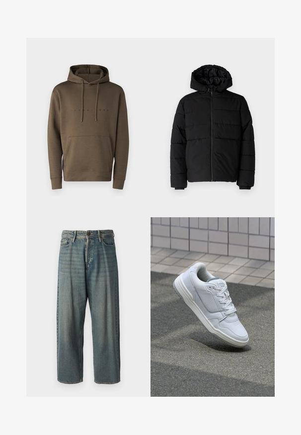 Crni puffer kaput s patentnim zatvaračem sprijeda, kapuljačom i horizontalnim šavovima. Izrađen od glatkog, izdržljivog materijala s rebrastim manžetama.; Smeđa kapuljača s vezicama, prednji kengur džep i ispisani logo u crnoj boji preko grudi. Mekana tkanina.; Svijetloplave traperice s širokim krojem, srednjim pojasom i ravnim nogavicama. Ima pet džepova, petlje za remen i kopčanje na gumb.; Bijele kožne tenisice s perforiranim bočnim dijelovima, teksturiranim akcentima, ravnim vezicama i kontrastnim sivim petom. Imaju blago povišenu potplat.