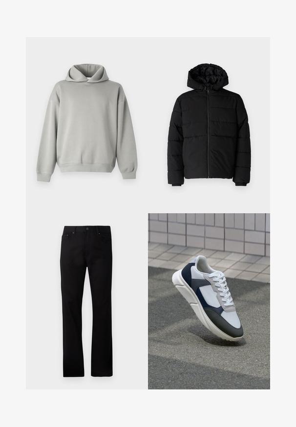 Must värvi puffernahk, millel on seljaed, kapuuts ja horisontaalne õmblusdisain. Valmistatud sujuvast, vastupidavast kangast ja ribakujuliste varrukaotste jaok.; Heled hall sviiter, millel on lõdvestunud sobivus, ülepaisutatud kapuuts, pikad varrukad ning soonikkoes mansetid ja äär. Sile kangas, ilma mustrite või aksessuaarideta.; Mustad sirgedega teksad mustast denimist, millel on ees nupulukk, kaks külgtaskut ja sile tekstuur.; Valge, mereväe sinine ja hall spordijalats, millel on segatud materjalide disain, tekstureeritud ülemine osa, lame pael ja pehme talla.