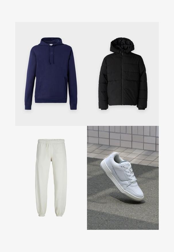 Fekete puff dzseki cipzárral elöl, kapucnival és vízszintes steppelt mintázattal. Simább, tartós anyagból készült, bordázott mandzsettákkal.; Sötétkék pulóver kapucnival, elülső kenguruzsebbel, húzózsinóros kapucnival és finoman dombornyomott GAP logóval a mellrészen.; Fehér melegítőnadrág, puha anyagból készült, rugalmas derékrésszel és mandzsettával, sima tapintású és laza szabású.; Fehér bőr sneaker perforált oldalakkal, texturált részletekkel, lapos fűzőkkel és kontrasztos szürke sarokkal. Enyhén megemelt talppal rendelkezik.