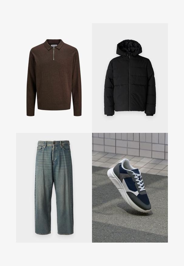 Giacca a vento nera con zip frontale, cappuccio e design a righe orizzontali. Realizzata in un tessuto liscio e resistente con polsini a coste.; Pullover lavorato a maglia marrone scuro a maniche lunghe con colletto e zip frontale a metà, con polsini e orlo a coste, etichettato JACK & JONES.; Jeans di denim azzurro chiaro con vestibilità ampia, vita media e gambe dritte. Presenta cinque tasche, passanti per cintura e chiusura con bottone.; Sneaker con tomaia in rete blu navy, inserti in suede grigio, suola in gomma bianca e lacci bianchi piatti, progettata per comfort e traspirabilità.