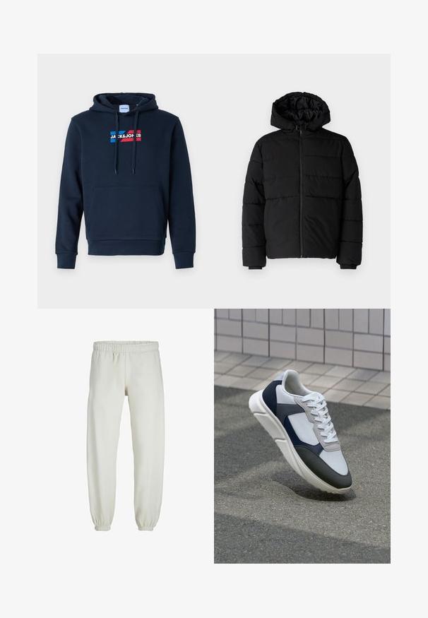 Doudoune noire avec fermeture éclair à l'avant, capuche et design matelassé horizontal. Fabriquée dans un tissu lisse et durable avec des poignets côtelés.; Sweat à capuche bleu marine avec une poche kangourou à l'avant, un cordon de serrage au niveau de la capuche et un logo rouge et bleu, offrant une texture douce et lisse ainsi que des poignets côtelés.; Pantalons de survêtement blancs en tissu doux, avec une taille et des poignets élastiques, présentant une texture lisse et un design ample.; Baskets blanches, bleu marine et grises avec un design en matériaux mélangés, présentant une tige texturée, des lacets plats et une semelle rembourrée.