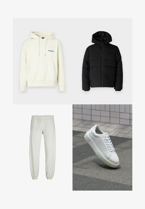 Sort pufferjakke med lynlås foran, hætte og vandret quiltet design. Lavet af et glat og holdbart stof med ribbede manchetter.; Cremefarvet hættetrøje med en frontlomme, snoretræk i hætten og blåt logo på brystet. Blødt stof med en afslappet pasform og ribbede manchetter.; Hvide sweatpants lavet af blødt stof, med elastisk talje og håndled, der har en glat tekstur og løs pasform.; Hvide lædersneakers med en glat overflade, rund tå og flade hvide snørebånd. Har en tekstureret gummisål og minimalt design.