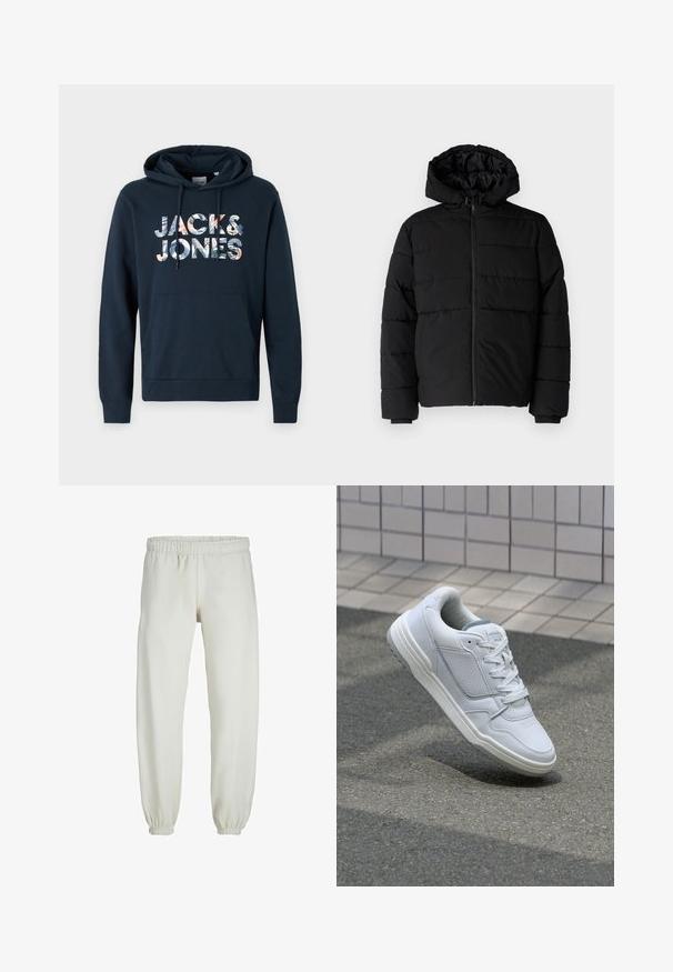 Melna pūkainā jaka ar rāvējslēdzēju priekšā, kapuci un horizontālu quiltēšanas dizainu. Izgatavota no gludas, izturīgas auduma ar ribotām piedurknēm.; Tumši zila kapuce ar kangarū poku, savelkamā kapuce un grafisks "JACK & JONES" prints ar ziedu rakstiem dažādās krāsās.; Baltas treniņbikses, izgatavotas no mīkstas auduma, ar elastīgu jostu un piedurknēm, gluda tekstūra un brīva piegriezuma dizains.; Baltas ādas sporta apavi ar perforētiem sāniem, teksturētām akcentiem, plakanu šņorēšanu un kontrastējošu pelēku papēdi. Iezīmē nedaudz paaugstinātu zole.