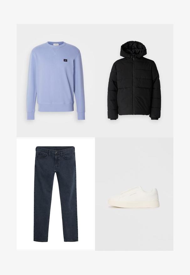 Svart boblejakke med glidelås foran, hette og horisontalt quiltet design. Laget av et glatt, slitesterkt stoff med ribbede cuffs.; Lyseblå genser laget av mykt stoff. Har rund hals og ribbede mansjetter. En liten svart logo-patch er plassert på brystet.; Mørkeblå denimjeans med smal passform, fem-lommers design, knappelukking og en subtil slitt tekstur gjennom hele stoffet.; Hvite slip-on joggesko med teksturert overflate, tykk såle og minimalistisk design. Har merkevarelogo på siden.