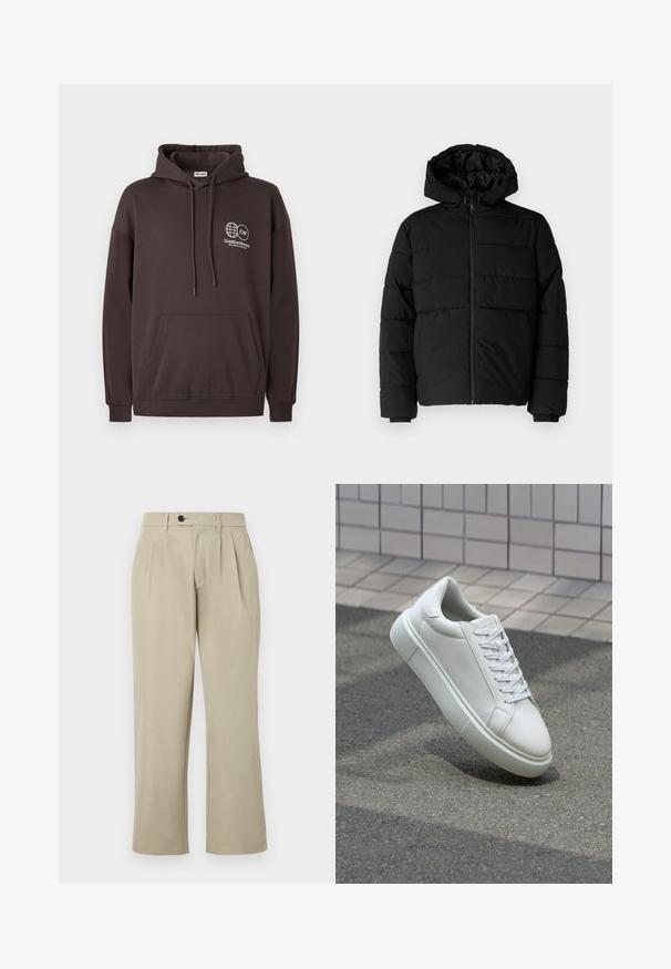 Musta puhvijakku, jossa on vetoketjukiinnitys, huppu ja vaakasuora tikkauksen rakenne. Valmistettu sileästä, kestävästä kankaasta, jossa on röpelöiset hihansuut.; Tummanruskea huppari, joka on valmistettu puuvillasekoitteesta, ja siinä on etutasku sekä valkoinen logo, jossa on maapallo ja teksti vasemmassa rintakappaleessa.; Beige housut, joissa on rento istuvuus, ominaisuuksina laskokset, napillinen kiinnitys, sivutaskut ja suorat lahkeet. Sujuva kangas.; Valkoinen nahkainen lenkkari, jossa on sileä pinta, pyöreä kärki ja tasaiset valkoiset nauhat. Varustettu teksturoidulla kumi-pohjalla ja vähäisillä muotoiluelementeillä.