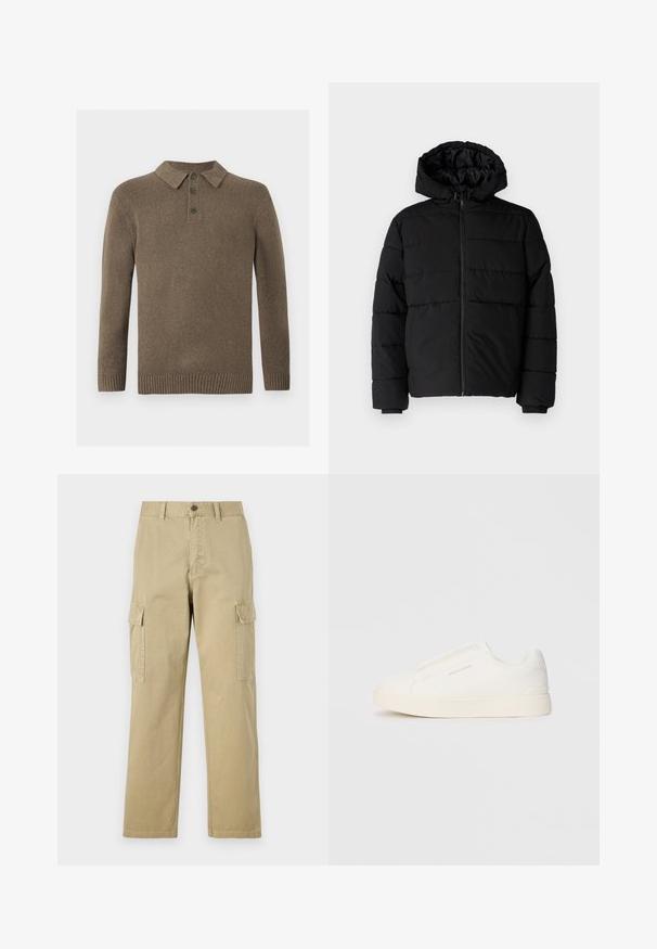 Juodas pūkinis švarkas su užtrauktuku priekyje, gaubtu ir horizontaliai siuvinėtu dizainu. Pagamintas iš lygaus, tvirto audinio su raukiniais ant rankovių.; Rudas megztas polo tipo svarkas su ilgomis rankovėmis, trimis tamsiomis mygtukais ir surišimais ant rankovių bei apatinės dalies, eksponuojamas ant baltos fono.; Kreminės spalvos cargos kelnės, pagamintos iš medvilnės, su dviem šoninėmis kišenėmis, mygtukų užsegimu ir tiesiomis kojomis, šiek tiek tekstūruotu audiniu.; Baltos slip-on sportbačiai su tekstūruota paviršiumi, storesniu padu ir minimalistišku dizainu. Šone matosi prekės ženklo logotipas.