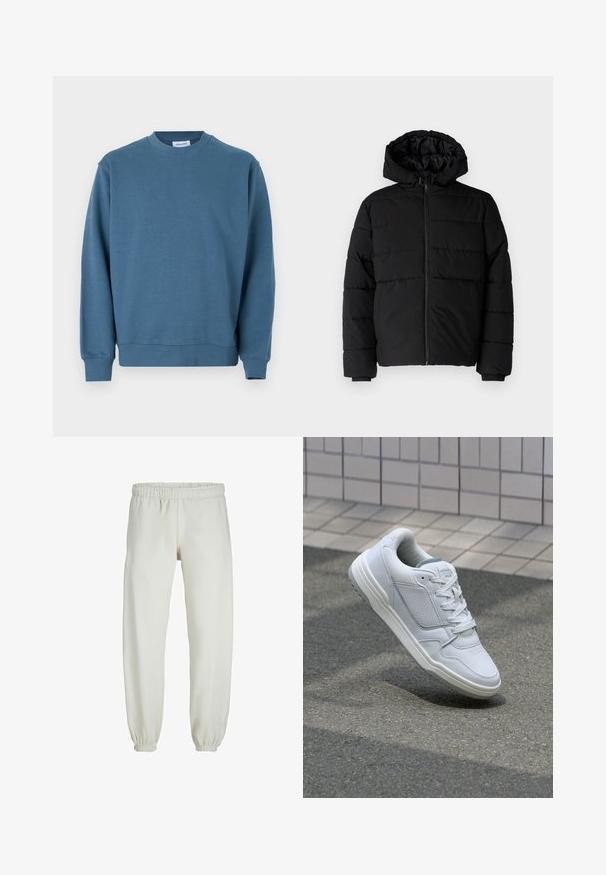 Black puffer jacket featuring a zip front, a hood, and horizontal quilted design. Made of a smooth, durable fabric with ribbed cuffs.; Blue cotton sweatshirt with a round neckline, ribbed cuffs, and a straight hem. Features a smooth texture and a relaxed fit.; White sweatpants made from soft fabric, featuring an elastic waistband and cuffs, with a smooth texture and loose-fitting design.; White leather sneaker with perforated sides, textured accents, flat laces, and a contrasting gray heel. Features a slightly elevated sole.