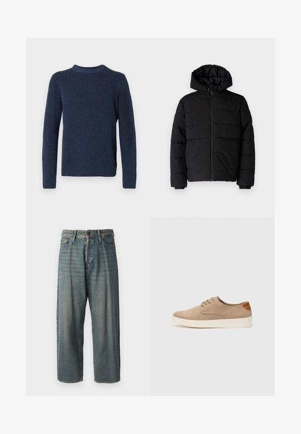 Fekete puff dzseki cipzárral elöl, kapucnival és vízszintes steppelt mintázattal. Simább, tartós anyagból készült, bordázott mandzsettákkal.; Sötétkék, bordázott kötésű pulóver hosszú ujjal és kerek nyakkivágással. Jellemzője a textúrált, függőleges minta és egy kis logó az alján.; Világoskék farmernadrág, laza fazonnal, közepes derékbőséggel és egyenes szárral. Öt zsebet, övbucskát és gombos záródást tartalmaz.; Beige velúr sportcipő, kerek orral, fűzős elülső résszel és textúrált hátsó részlettel. Fehér gumitalp kontrasztot ad. Egyszerű és modern design.