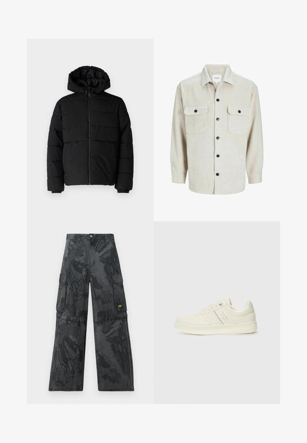 Juodas pūkinis švarkas su užtrauktuku priekyje, gaubtu ir horizontaliai siuvinėtu dizainu. Pagamintas iš lygaus, tvirto audinio su raukiniais ant rankovių.; Bežinė flanelinė marškinė su apykakle, turinčiais dvi krūtinės kišenes, juodais mygtukais ir ilgomis rankovėmis su mygtukais.; Juodos cargo kelnės su tekstūruotu tamsiu raštu. Šios kelnės turi keletą šoninių kišenių ir mažą žalią logotipą priekyje.; Kremo spalvos sportbačiai su perforuotomis detalėmis, raišteliais ir logotipu šone, išdėstyti prieš paprastą baltą foną.