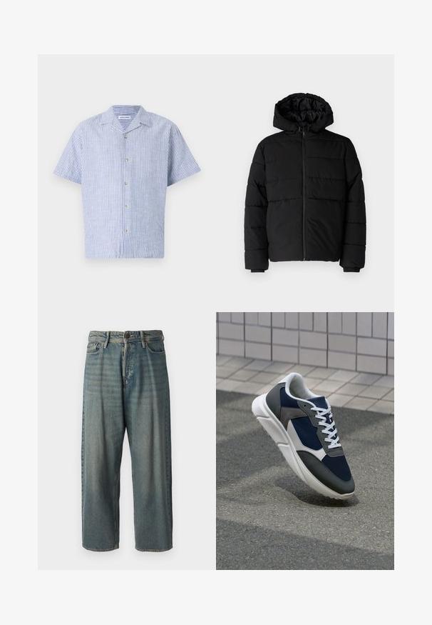Μαύρο μπουφάν με φερμουάρ μπροστά, κουκούλα και οριζόντιο ραμμένο σχέδιο. Κατασκευασμένο από ομαλό, ανθεκτικό ύφασμα με ριγέ μανσέτες.; Πουκάμισο κοντομάνικο σε μπλε και λευκές κάθετες ρίγες, με γιακά και πέντε κουμπιά, φτιαγμένο από ελαφρύ ύφασμα.; Ανοιχτό μπλε τζιν παντελόνι με χαλαρή γραμμή, μέση μέσου ύψους και ευθείες γραμμές. Περιλαμβάνει πέντε τσέπες, θηλιές ζώνης και κούμπωμα με κουμπί.; Αθλητικά παπούτσια με επάνω μέρος από ναυτικό μπλε διχτυωτό ύφασμα, γκρι σουέτ λεπτομέρειες, λευκή καουτσούκ σόλα και επίπεδα λευκά κορδόνια, σχεδιασμένα για άνεση και αερισμό.