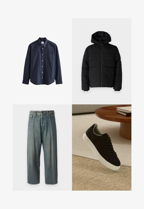 Juodas pūkinis švarkas su užtrauktuku priekyje, gaubtu ir horizontaliai siuvinėtu dizainu. Pagamintas iš lygaus, tvirto audinio su raukiniais ant rankovių.; Tamsiai mėlynas medvilninis marškinis su sagomis, turi smailų apykaklę, ilgomis rankovėmis, krūtinės kišenę ir baltas sagas.; Šviesiai mėlyni džinsai su laisvu siluetu, vidutinio aukščio juosmeniu ir tiesiomis kojomis. Su penkiais kišenėmis, diržo kilpo ir mygtukų uždarymu.; Juodas sportinis batelis su baltu padu, lekiančius virš smėlio spalvos tekstūruoto kilimo šalia apvalaus medinio stalo su sukrautomis knygomis.