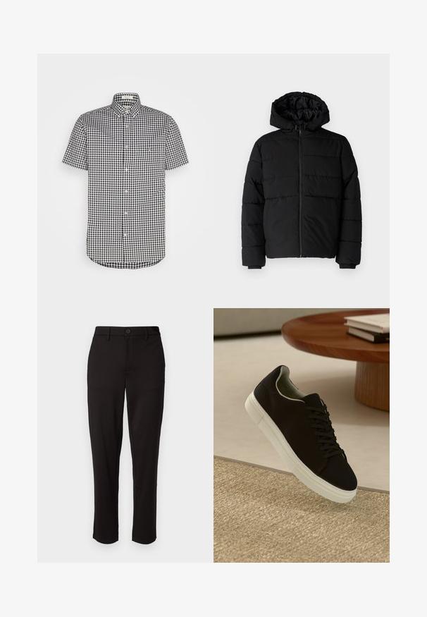 Czarna kurtka puchowa z zamkiem z przodu, kapturem i poziomym pikowaniem. Wykonana z gładkiego, trwałego materiału z prążkowanymi mankietami.; Koszula z krótkim rękawem z guzikiem w czarno-białą kratkę, wykonana z bawełny, z kołnierzykiem w szpic i kieszonką na piersi.; Czarne spodnie wykonane z lekkiego materiału, posiadające prostą nogawkę, zapięcie na guziki z przodu, szlufki na pasek oraz boczne kieszenie.; Czarny sneaker z białą podeszwą unoszący się nad beżowym, teksturowanym dywanem w pobliżu okrągłego drewnianego stołu z poukładanymi książkami.