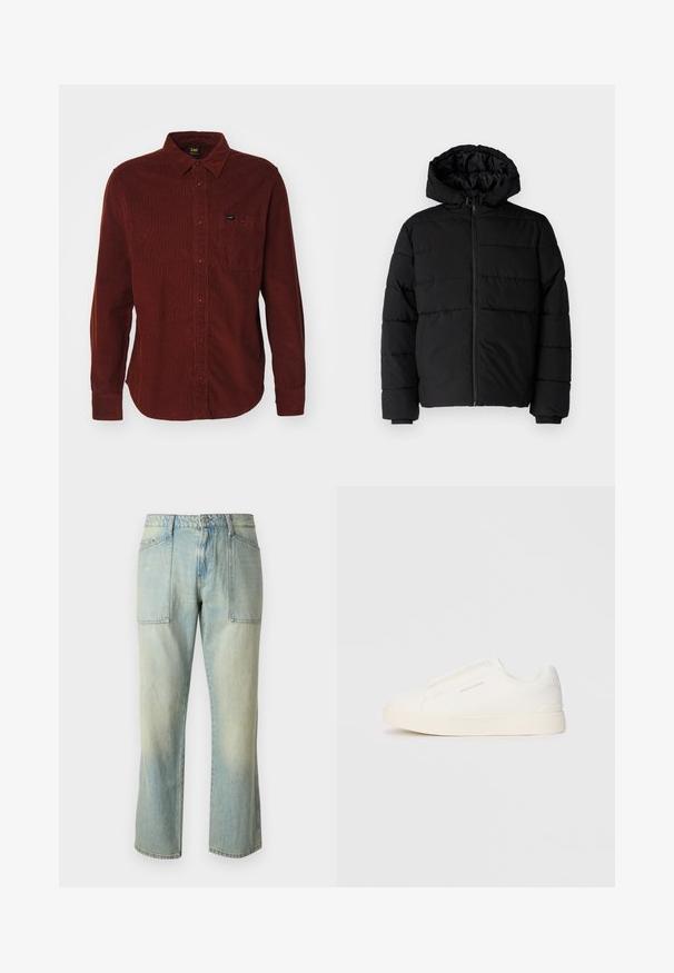 Svart puffjacka med dragkedja fram, huva och horisontellt quiltat mönster. Tillverkad av ett slätt, hållbart tyg med ribbade ärmslut.; Röd kordflosshjorta med långa ärmar, knäppt krage, framficka och subtil ribbad textur. Märkesetikett synlig på fickan.; Ljust blå denimbyxor med rak benpassform, synlig sömnad och två stora framfickor. Tyget har en blekt struktur.; Vita slip-on sneakers med en texturerad yta, en tjock sula och minimalistisk design. Har varumärkeslogotypen på sidan.