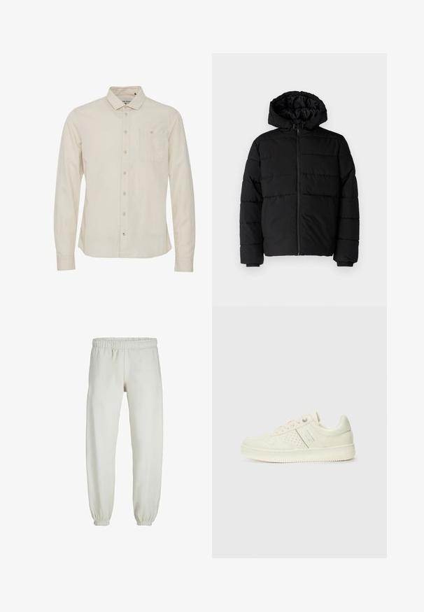 Crni puffer kaput s patentnim zatvaračem sprijeda, kapuljačom i horizontalnim šavovima. Izrađen od glatkog, izdržljivog materijala s rebrastim manžetama.; Svijetlosmeđa košulja dugih rukava s ovratnikom na dugmad, jednim džepom na prsima i suptilnom teksturom. Ima prednje zatvaranje na dugmad.; Bijele trenirke napravljene od mekanog materijala, s elastikom u struku i na manžetama, glatke teksture i labavog kroja.; Kremasto bijele tenisice s perforiranim detaljima, vezicama i logotipom s bočne strane, prikazane na jednostavnoj bijeloj pozadini.