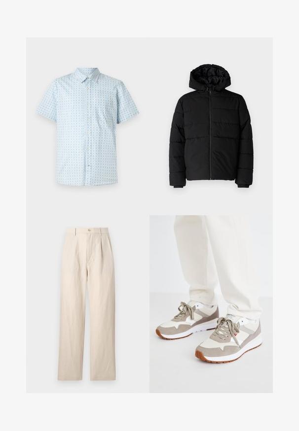 Svart puffjacka med dragkedja fram, huva och horisontellt quiltat mönster. Tillverkad av ett slätt, hållbart tyg med ribbade ärmslut.; Kortärmad skjorta med knappar i ljusblått med ett rutmönster. Tillverkad av tyg med en mjuk textur och en enda bröstficka.; Beigen linbyxor med lös passform, med en platt front, enkel knappstängning och två fickor. Rynkad textur ger detaljer.; Beiga och grå sneakers med en mix av mocka och mesh-material. Har en vit mellansula och en sula av gummi. Standard snörningsdesign.