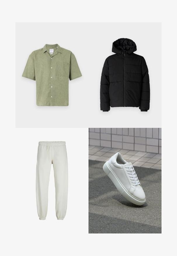 Black puffer jacket featuring a zip front, a hood, and horizontal quilted design. Made of a smooth, durable fabric with ribbed cuffs.; Short-sleeve olive green linen shirt with a collar, front button closure, and a chest pocket. Textured fabric with a natural finish.; White sweatpants made from soft fabric, featuring an elastic waistband and cuffs, with a smooth texture and loose-fitting design.; White leather sneaker with a smooth surface, round toe, and flat white laces. Features a textured rubber sole and minimal design elements.