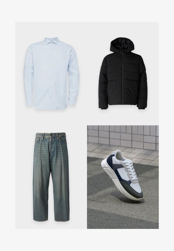 Črna puhovka z zadrgo spredaj, kapuco in vodoravno šivano obliko. Narejena je iz gladkega, trpežnega materiala z rebrastimi manšetami.; Svetlo modra dolga srajca z ukrivljenim ovratnikom, gumbi spredaj in subtilnim karirastim vzorcem. Narejena iz gladkega materiala z strukturiranim prilegajočim se krojem.; Svetlomoderne kavbojke z ohlapnim krojem, srednjim pasom in ravnimi nogami. Imajo pet žepov, zanke za pas in zapiranje na gumb.; Bela, mornarsko modra in siva športna obutev z mešano materialno zasnovo, ki vključuje teksturirano zgornji del, ravne vezalke in oblazinjen podplat.
