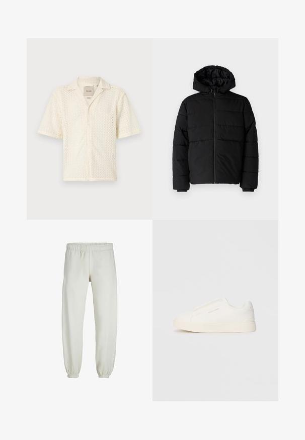 Schwarze Daunenjacke mit Reißverschluss vorne, Kapuze und horizontalem Steppmuster. Hergestellt aus einem glatten, strapazierfähigen Stoff mit gerippten Manschetten.; Kurzarm, cremefarbendes Hemd aus strukturiertem Stoff mit Zickzackmuster und durchgehender Knopfleiste. Verfügt über einen klassischen Kragen und eine Tasche.; Weiße Jogginghose aus weichem Stoff, mit elastischem Bund und Säumen, einer glatten Textur und lockerem Schnitt.; Weiße Slip-On-Sneaker mit einer strukturierten Oberfläche, dicker Sohle und minimalistischem Design. Mit Logo der Marke an der Seite.