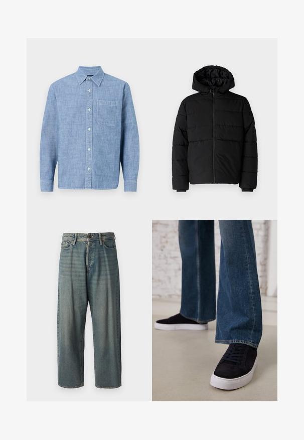 Melna pūkainā jaka ar rāvējslēdzēju priekšā, kapuci un horizontālu quiltēšanas dizainu. Izgatavota no gludas, izturīgas auduma ar ribotām piedurknēm.; Gai zils, garām piedurknēm, pogājams krekls, izgatavots no teksturētas auduma. Tam ir apkakle, priekšējā kabata un pogu slēgšana priekšā.; Gaiši zili džinsi ar brīvu piegriezumu, vidējo jostas augstumu un taisnām kājām. Satur piecas kabatas, jostas cilpas un pogu aizdari.; Tumši zilas zamšādas sporta kurpes ar baltu gumijas zoli un šņorēm, apvienotas ar platām kājām džinsu biksēm vidēji zila nomazgātā tonī.