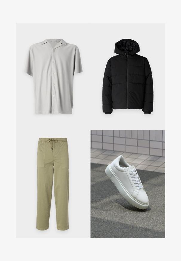 Casaco puffer preto com fecho de correr, capuz e design acolchoado horizontal. Feito de um tecido liso e durável com punhos canelados.; Camisa de botão de manga curta, em cinza claro, feita de tecido canelado, apresentando um corte descontraído, colarinho e cinco botões metálicos na frente.; Calças verde-oliva claras feitas de um tecido de algodão misto, com um cós elástico com cordão e dois bolsos laterais grandes.; Tênis de couro branco com superfície lisa, bico redondo e cadarços brancos planos. Apresenta uma sola de borracha texturizada e elementos de design minimalistas.
