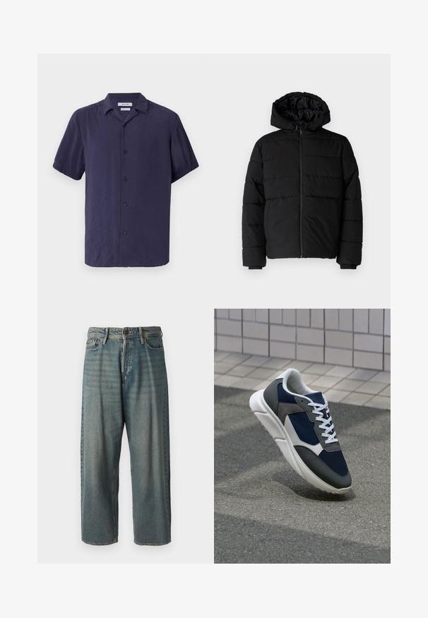 Čierna puff jacket s predným zipsom, kapucňou a horizontálnym prešívaním. Vyrobená z hladkej, odolnej tkaniny s rebrovanými manžetami.; Košeľa s krátkym rukávom, na gombíky, v námorníckej modrej farbe, vyrobená z ľahkej látky s hladkou textúrou a klasickým dizajnom goliera.; Svetlomodré denimové nohavice so voľným strihom, stredne vysokým pásom a rovnými nohavicami. Obsahujú päť vreciek, pútka na opasok a zapínanie na gombík.; Tenisky s sieťovinou v námorníckej modrej farbe, so sivými semišovými detailmi, bielou gumovou podrážkou a plochými bielymi šnúrkami, navrhnuté pre pohodlie a priedušnosť.