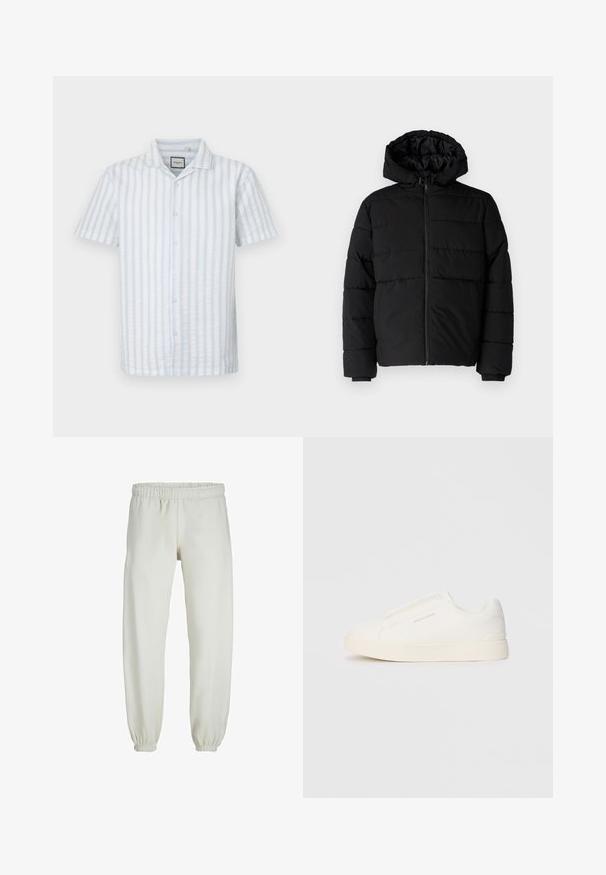 Juodas pūkinis švarkas su užtrauktuku priekyje, gaubtu ir horizontaliai siuvinėtu dizainu. Pagamintas iš lygaus, tvirto audinio su raukiniais ant rankovių.; Šviesiai mėlynas, baltais vertikaliais įstrižais raštais trumpomis rankovėmis mygtukų marškinėliai. Pagaminti iš lengvos medžiagos, su stovyklavimo apykakle ir penkiais mygtukais.; Baltos sportinės kelnės, pagamintos iš minkštos medžiagos, su elastinga juosmeniu ir rankogaliais, turinčios lygią tekstūrą ir laisvą siluetą.; Baltos slip-on sportbačiai su tekstūruota paviršiumi, storesniu padu ir minimalistišku dizainu. Šone matosi prekės ženklo logotipas.