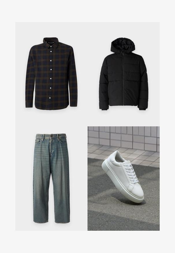 Casaco puffer preto com fecho de correr, capuz e design acolchoado horizontal. Feito de um tecido liso e durável com punhos canelados.; Camisa de manga longa em azul escuro com padrão xadrez castanho. Feita de um tecido suave, apresenta uma frente com botões e um colarinho clássico.; Jeans de ganga azul claro com um corte solto, cintura média e pernas retas. Apresenta cinco bolsos, passadores de cinto e fecho com botão.; Tênis de couro branco com superfície lisa, bico redondo e cadarços brancos planos. Apresenta uma sola de borracha texturizada e elementos de design minimalistas.