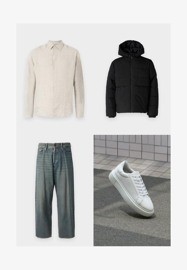 Black puffer jacket featuring a zip front, a hood, and horizontal quilted design. Made of a smooth, durable fabric with ribbed cuffs.; Light beige linen button-up shirt with a pointed collar, long sleeves, and subtle texture; features six matching buttons down the front.; Light blue denim jeans with a loose fit, mid-rise waist, and straight legs. Features five pockets, belt loops, and a button closure.; White leather sneaker with a smooth surface, round toe, and flat white laces. Features a textured rubber sole and minimal design elements.